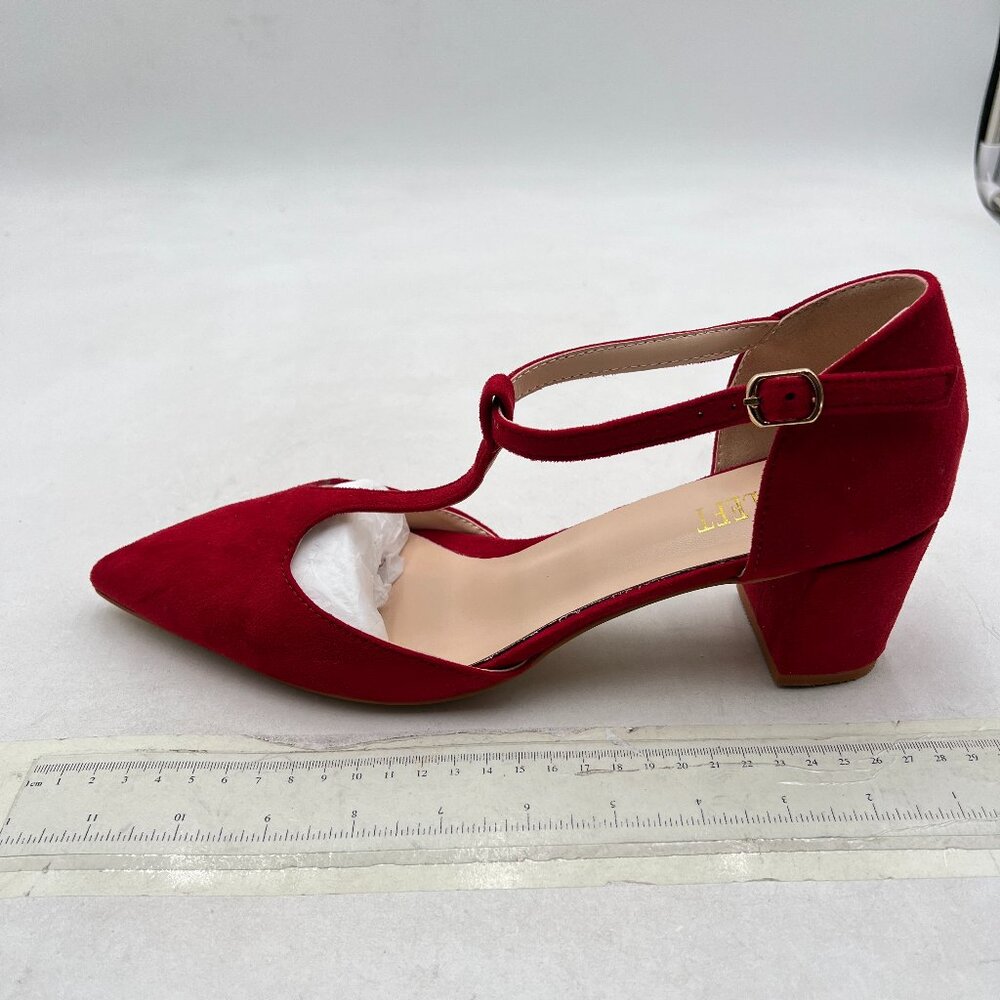 T-Strap Red Block Heel Pumps - Picture 2 of 8